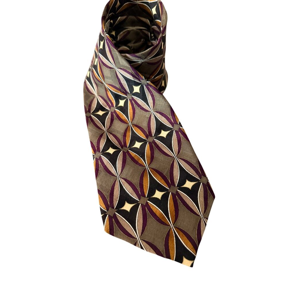Martin Wong Napa Silk Tie Geometric Retro Pattern Brown Purple Necktie
